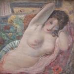 YASUSHI TANAKA (Japonais, 1886-1941)Nu aux tissusToile.Haut. 61, Larg. 61 cm.Peintre...