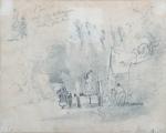 Charles PENSÉE (1799-1871)Scène paysanne. Croquis au fusain sur papier insolé....
