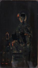 Chine, XXe siècle.
Élégante

Peinture sur verre, panneau laqué de noir.

Haut. 50,7...