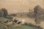 Attribué à Aimé Perret (1847-1927)
Lavandières près de la rivière

Toile. 
Porte...