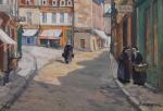Ferdinand Dubreuil (1894-1957)Rue animée Panneau. Signé en bas à droite....