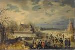 École HOLLANDAISE vers 1615.Les joies de l'hiver.Panneau de chêne, deux...