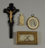 LOT d'objets religieux comprenant : GRAVURE à vue ovale "Notre...