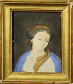 École EUROPÉENNE ANCIENNE.Portrait de femme au turban.Parchemin marouflé sur carton.12...