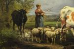 Théodore LÉVIGNE (1848-1912).Le passage du gué, vache, moutons et chèvres.Toile,...