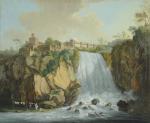 École FRANÇAISE vers 1800.Paysage à la cascade.Gouache sur papier.35 x...