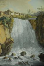 École FRANÇAISE vers 1800.Paysage à la cascade.Gouache sur papier.35 x...