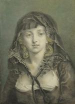 Jean-Baptiste GREUZE (1725-1805), d'après."Simplicité".Crayon et rehauts, porte une signature en...