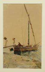 Vincenzo LORIA (1849-1939).Pêcheurs à quai.Aquarelle, signée en bas à gauche.39...