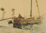 Vincenzo LORIA (1849-1939).Pêcheurs à quai.Aquarelle, signée en bas à gauche.39...