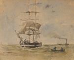 Eugène BOUDIN (Honfleur, 1824 - Deauville, 1898)Marine au voilier.Mine de...