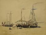 Eugène BOUDIN (Honfleur, 1824 - Deauville, 1898) Barques échouées.Aquarelle sur...