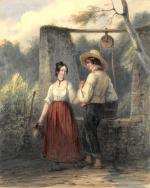 Oscar GUET (1801 - 1871)Les amants près du puits.Aquarelle sur...