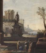 Attribué à Giovanni GHISOLFI (1623-1683)Personnages dans des ruines antiques.Toile.Haut. 93,...