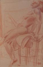 Alexandre IACOVLEFF (Saint-Pétersbourg 1887 - Paris 1938)Femme nue cambrée assise.Sanguine,...