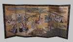 JAPON - Fin d'époque EDO (1603-1868)PARAVENT à six feuilles, encre...