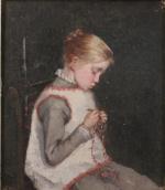 Maria WIIK (1853-1928) Portrait d'enfant à la couture.Toile marouflée sur...