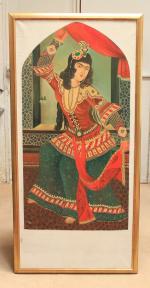 IRAN Qâjâr. Danseuse.ToileSignéeHaut. 146, Larg. 68 cm.