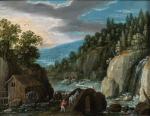 MARTIN RYCKAERT (Anvers, 1587-1631) Paysage à la cascade Cuivre.Haut. 17,5...