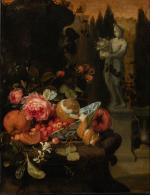 JAN MORTEL (Leyde,1652 - 1719) Nature morte aux roses, framboises,...