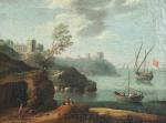 SUIVEUR D'ADRIEN MANGLARD (1695-1760) Scène de port méditerranéenToile.Haut. 22,5, Larg....