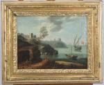 SUIVEUR D'ADRIEN MANGLARD (1695-1760) Scène de port méditerranéenToile.Haut. 22,5, Larg....