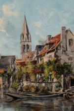 EMMANUEL LANSYER (1835-1893) Le clocher de Beaulieu et vieilles maisons...
