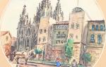 ALEXANDRE OSMERKIN (Russe,1892-1953)
Barcelone, la cathédrale Sainte-Croix

Tondo, aquarelle sur papier. Signé...