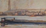 JEAN ARNAVIELLE (1881-1961) Port fluvialHuile sur carton, signée en bas...
