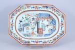 Chine, époque Kangxi (1662 - 1722).Plat octogonal,en porcelaine émaillée Famille...