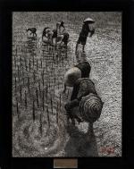 Nguyen Thàn Lê (Vietnamien,1919-2003)Paysage de rizièreVernis sur coquille d'oeufs, signé.Haut....