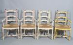 Quatre fauteuils paillés en bois tourné, mouluré et polychromé, à...