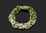 Bracelet six rangs de perles de culture et boules vertes...