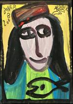 Jaber (Tunisien, 1938-2021), Jaber El Mahjoub, ditPortrait au chapeau, 2008Acrylique...