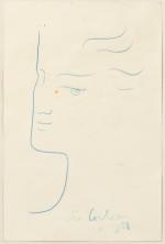 Jean Cocteau (Français, 1889-1963)
Profil gauche, 1958

Crayon gras bleu et point...