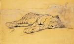 DELACROIX Eugène (Charenton Saint-Maurice 1798-Paris 1863). Jeune tigre couché. Plume,...