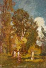 Adolphe MONTICELLI (1824-1886)Promenade dans la clairière.Huile sur bois, signée en...