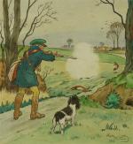 Harry ELIOTT (1882-1959). Le chasseur tirant un lapin.Aquarelle sur papier,...