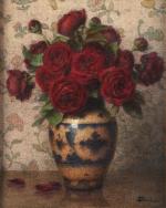 Ernest FILLIARD (1868-1933)Bouquet de roses rouges. Aquarelle sur papier gaufré...