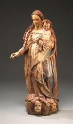 VIERGE à l'ENFANT en bois sculpté polychrome.La Vierge au manteau...