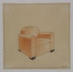 Jules LELEU (1883-1961)Étude d'un fauteuil Club.Dessin à l'encre rehaussé de...