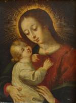 École FLAMANDE du XVIIème siècle.La Vierge à l'Enfant.Cuivre. 27,5 x...
