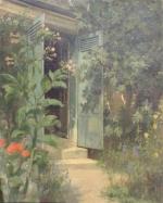 Marie-Adrien LAVIEILLE. Porte fenêtre fleurie. Huile sur toile. 41 x...