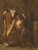 École EUROPÉÈNNE du XIXème.Vache à l'étable.Huile sur toile.30 x 22...