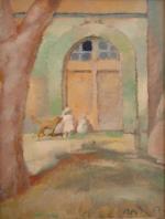 BOSSHARD Rodolphe-Théophile (1889-1960)Entrée de maison, enfants au chien.Huile sur panneau,...