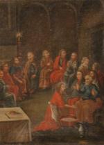 École FRANÇAISE vers 1700.Le Christ lavant les pieds des apôtres.La...