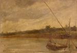 Paul Désiré TROUILLEBERT (1829-1900)Barge en bord de rivière.Huile sur carton,...