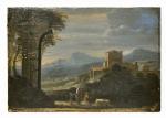 Attribué à Herman van SWANEVELT (vers 1600 - 1655).Campagne romaine.Panneau,...