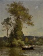 Paul-Désiré TROUILLEBERT (1829-1900)Barque et personnage ramant sur une rivière, au...