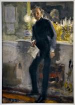 Paul Albert BESNARD (1849 - 1934)Homme à la cheminée.Aquarelle signée...